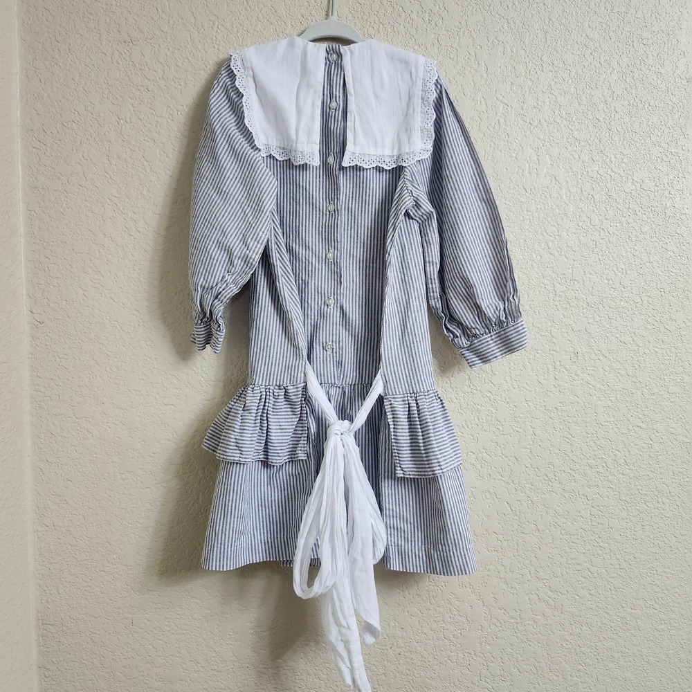 VTG Mousefeathers Size 6 Grey White Striped Lace Collar Puff Sleeve Ruffle Dress - Picture 4 of 16
